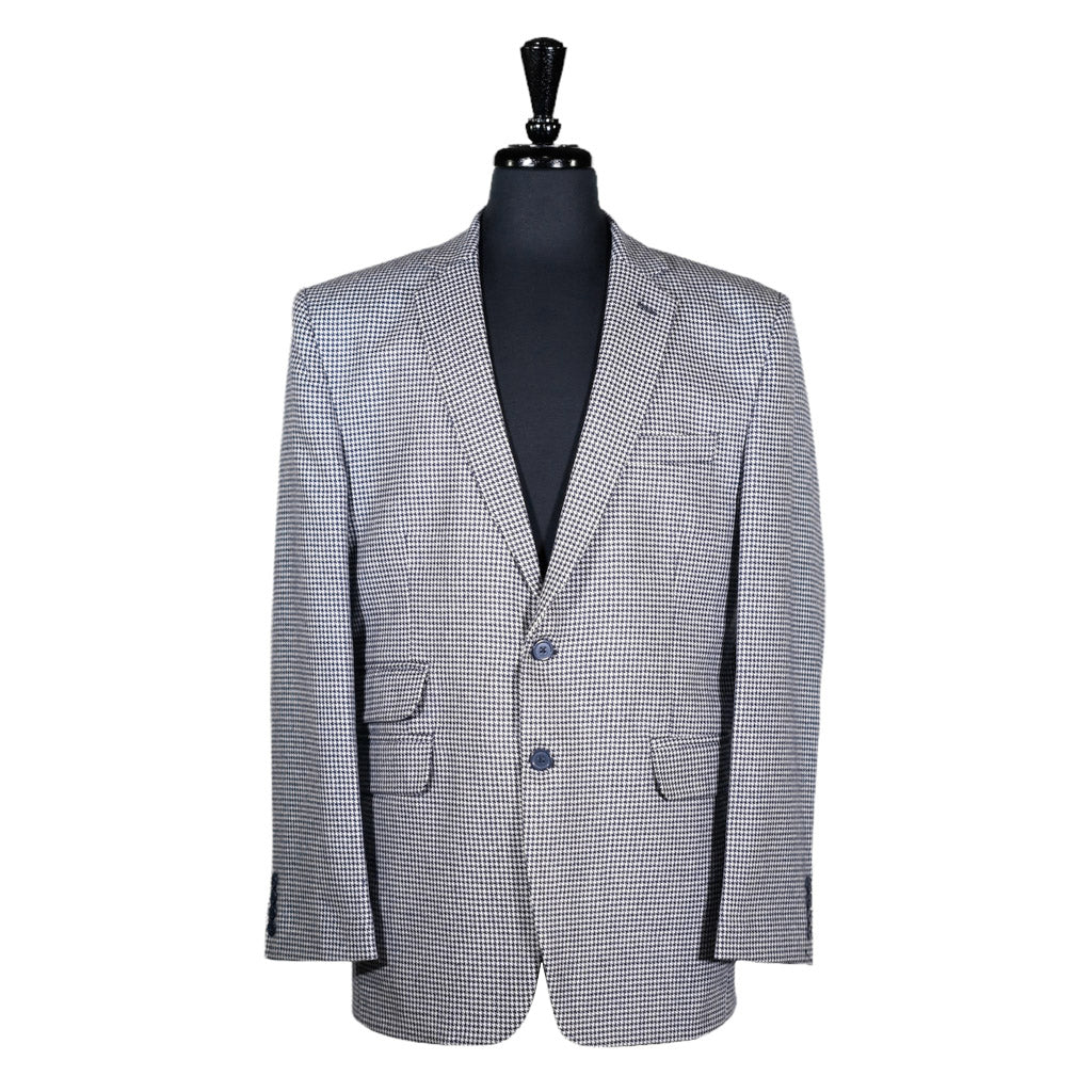 Men's Blazer Blue White Houndstooth Check Wool Formal Suit Jacket