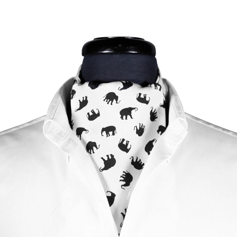 Ascot Cravat Tie Silk White Black Elephants Animal Print Theater Costume Dress Formal Scarf Wedding Necktie