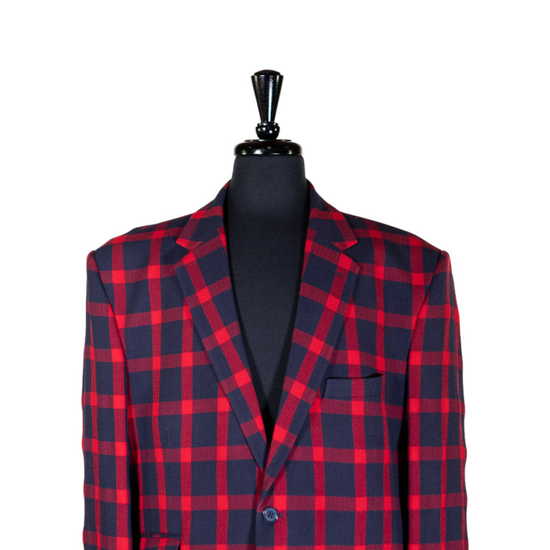 Mens Blazer Blue Red Plaid Check Wool Dress Formal Suit Jacket Wedding Sport Coat 48R