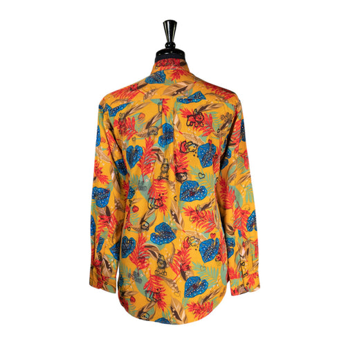 Mens Silky Shirt Button Up Yellow Blue Red Floral Long Sleeve Collared Dress Casual Summer Tropical Hawaiian Beach Handmade Large