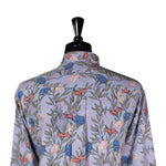 Mens Silk Shirt Button Up Blue Green Floral Long Sleeve Collared Dress Casual Summer Tropical Hawaiian Beach Handmade Luxury Large