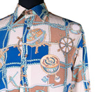 Mens Silk Shirt Button Up Blue Beige Nautical Long Sleeve Collared Dress Casual Summer Tropical Hawaiian Beach Handmade Luxury Large
