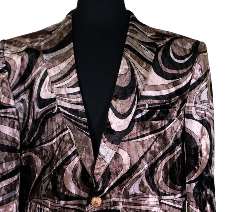 Mens Blazer Brown Black Abstract Velvet Dress Formal 2 Button Jacket Wedding Sport Coat 42R