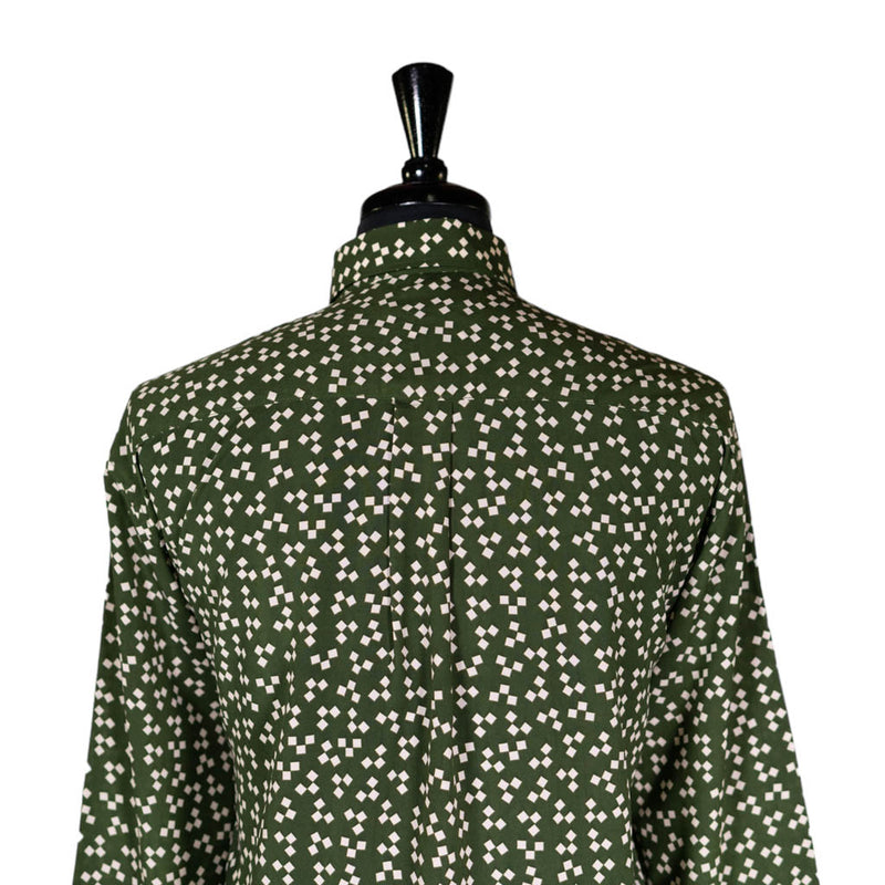 Mens Silky Shirt Button Up Green White Geometric Long Sleeve Collared Dress Casual Retro Abstract Summer Beach Handmade Luxury Large