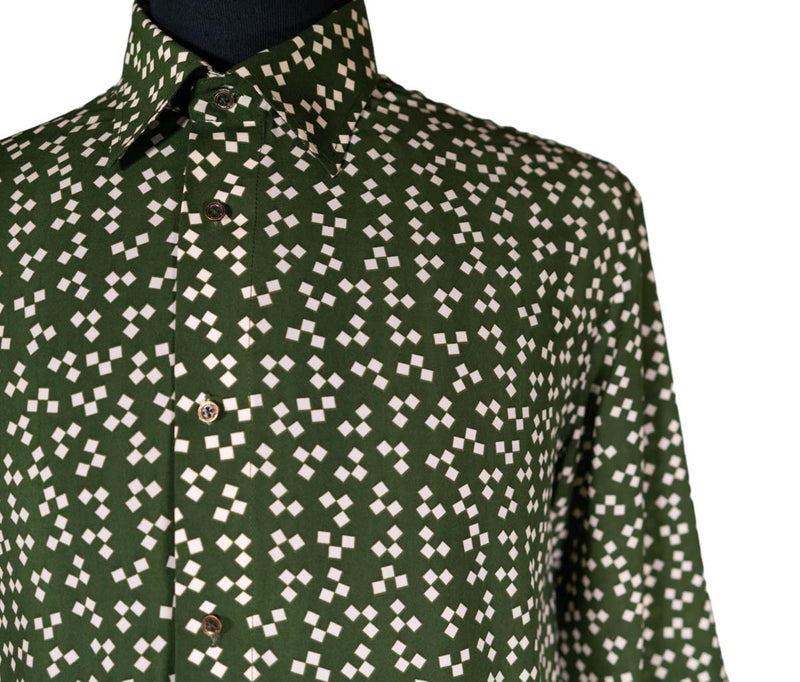 Mens Silky Shirt Button Up Green White Geometric Long Sleeve Collared Dress Casual Retro Abstract Summer Beach Handmade Luxury Large