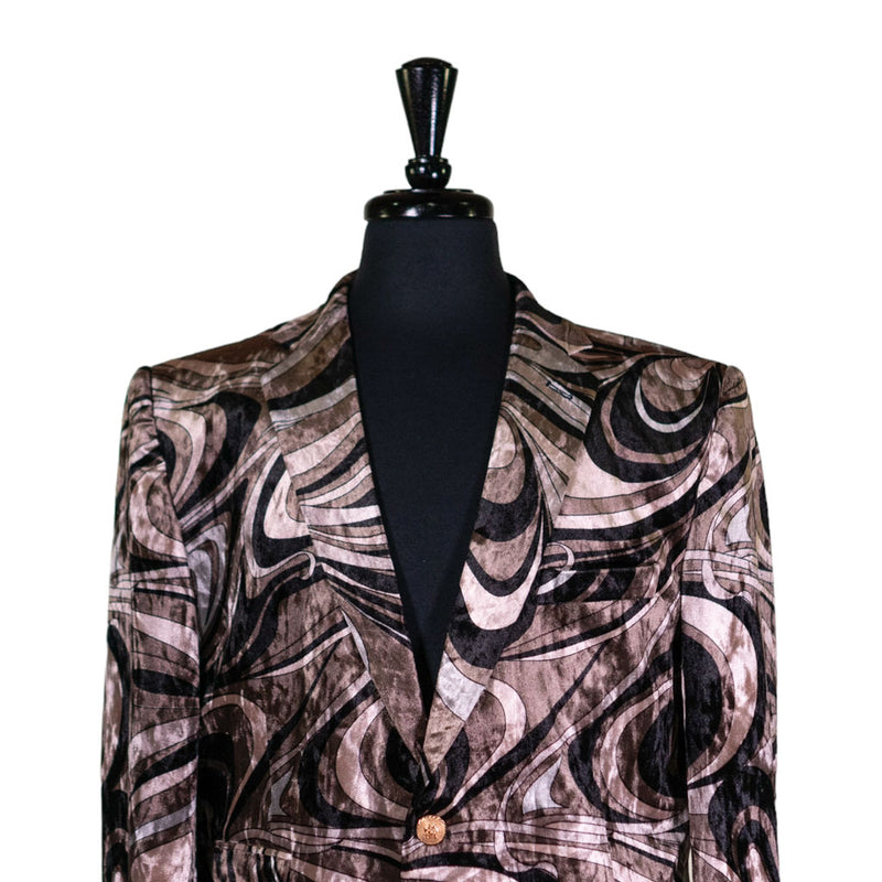 Mens Blazer Brown Black Abstract Velvet Dress Formal 2 Button Jacket Wedding Sport Coat 42R