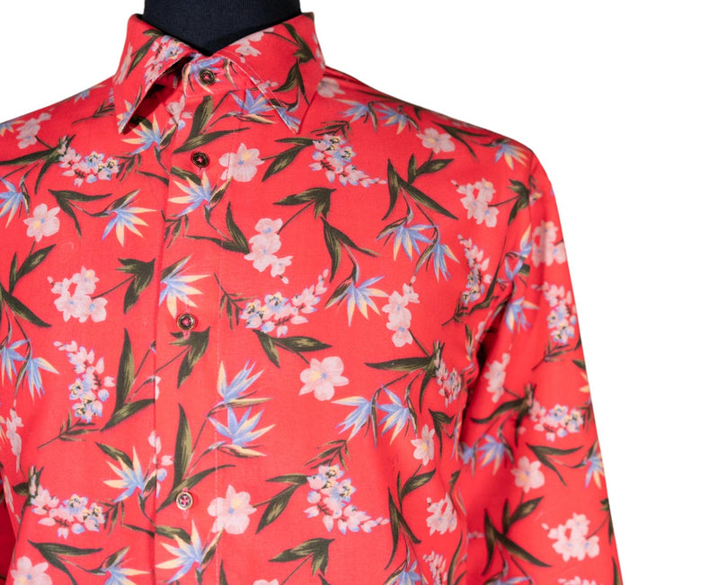Mens Silky Shirt Button Up Red Orange Floral Long Sleeve Collared Dress Casual Summer Tropical Hawaiian Beach Handmade Designer Large