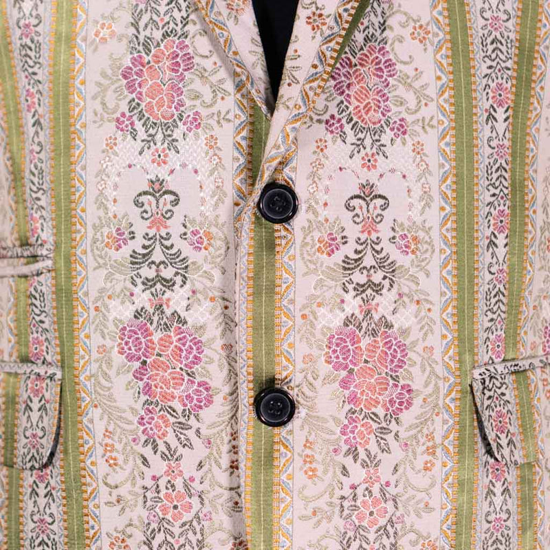 Mens Blazer Beige Green Pink Floral Silk Dress Formal 2 Button Jacket Wedding Sport Coat 42R