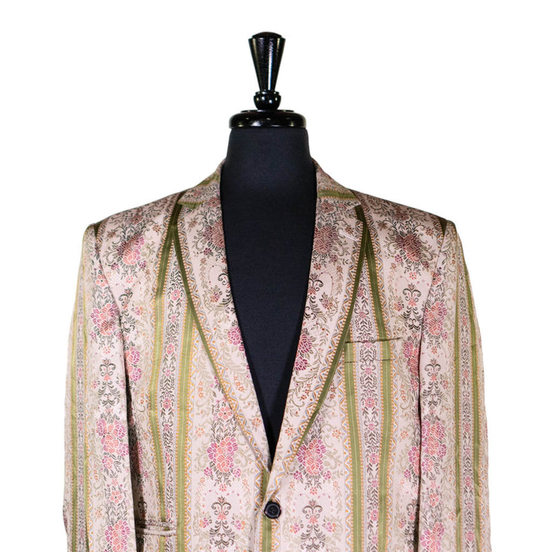 Mens Blazer Beige Green Pink Floral Silk Dress Formal 2 Button Jacket Wedding Sport Coat 42R