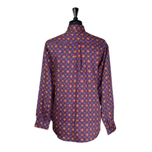 Mens Silky Shirt Button Up Blue Orange Red Geometric Medallion Long Sleeve Collared Dress Casual Retro Abstract Handmade Luxury Large