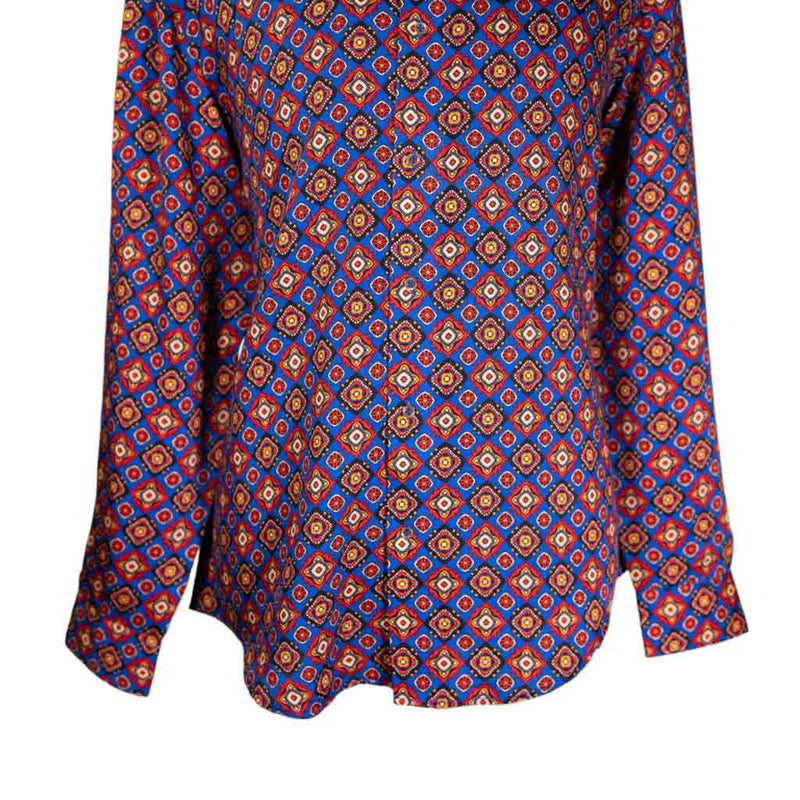 Mens Silky Shirt Button Up Blue Orange Red Geometric Medallion Long Sleeve Collared Dress Casual Retro Abstract Handmade Luxury Large