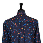 Mens Silky Shirt Button Up Blue Geometric Long Sleeve Collared Dress Casual Retro Abstract Summer Beach Designer Luxury Handmade Large