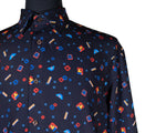 Mens Silky Shirt Button Up Blue Geometric Long Sleeve Collared Dress Casual Retro Abstract Summer Beach Designer Luxury Handmade Large