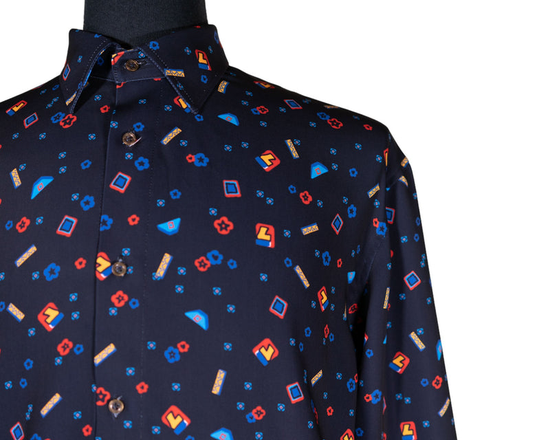 Mens Silky Shirt Button Up Blue Geometric Long Sleeve Collared Dress Casual Retro Abstract Summer Beach Designer Luxury Handmade Large