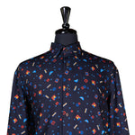 Mens Silky Shirt Button Up Blue Geometric Long Sleeve Collared Dress Casual Retro Abstract Summer Beach Designer Luxury Handmade Large