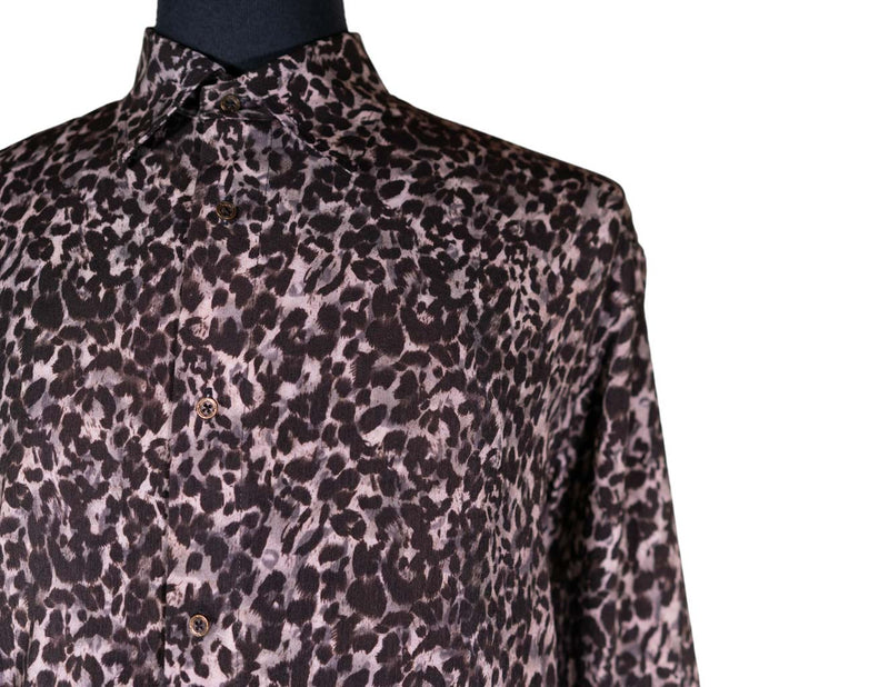 Mens Silky Shirt Button Up Gray Black Leopard Print Long Sleeve Collared Dress Casual Summer Beach Luxury Designer Handmade Large