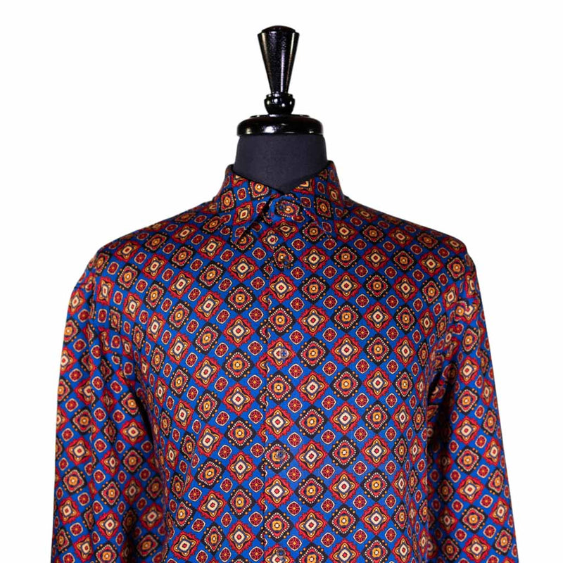 Mens Silky Shirt Button Up Blue Orange Red Geometric Medallion Long Sleeve Collared Dress Casual Retro Abstract Handmade Luxury Large