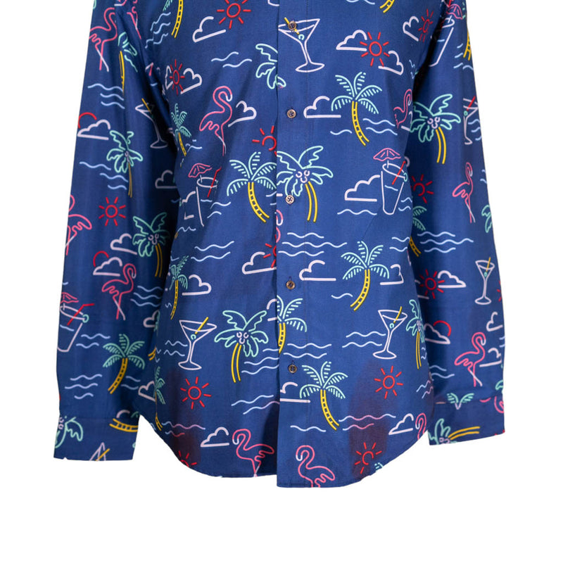 Mens Silky Shirt Button Up Blue Tropical Hawaiian Long Sleeve Collared Dress Casual Summer Nautical Beach Retro Abstract Handmade Large