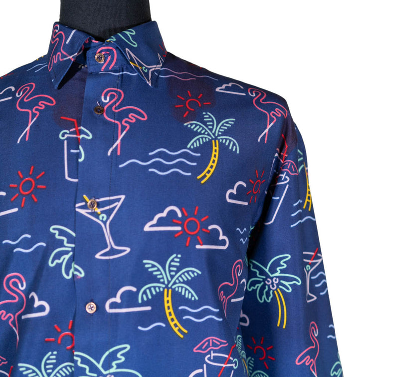 Mens Silky Shirt Button Up Blue Tropical Hawaiian Long Sleeve Collared Dress Casual Summer Nautical Beach Retro Abstract Handmade Large