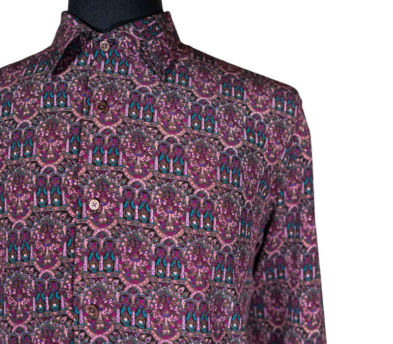 Mens Silky Shirt Button Up Purple Baroque Geometric Long Sleeve Collared Dress Casual Summer Beach Designer Luxury Handmade Large