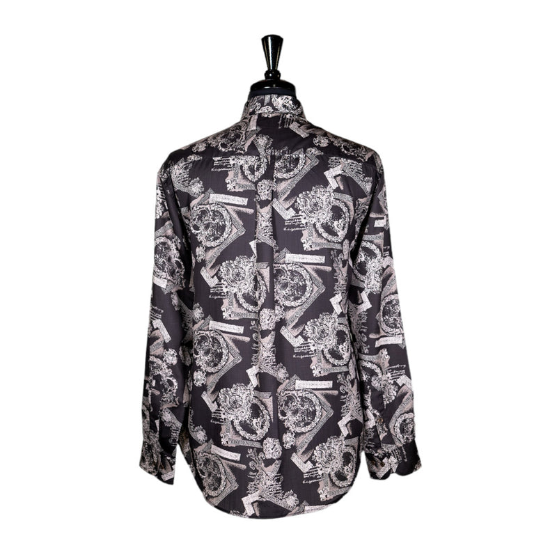 Mens Silk Shirt Button Up Black Gray Abstract Long Sleeve Collared Dress Casual Luxury Designer Retro Summer Beach Handmade Large