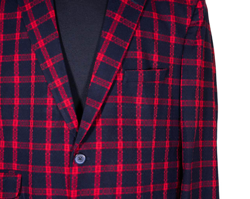 Mens Blazer Blue Red Check Wool Handmade Dress Formal Suit Jacket Wedding Sport Coat 48R