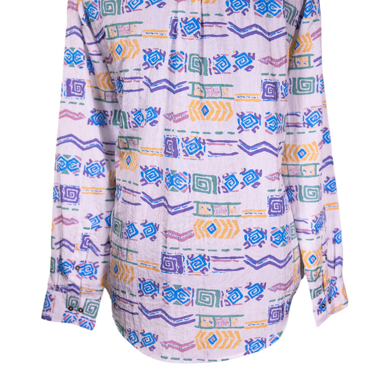 Mens Silk Shirt Button Up Multicolor Geometric Long Sleeve Collared Dress Casual Navajo Aztec Ethnic Tribal Summer Beach Handmade Large