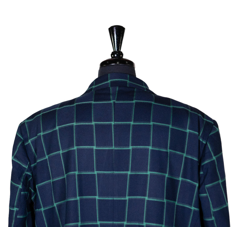 Mens Blazer Blue Green Check Plaid Abstract Wool Dress Formal Suit Jacket Wedding Sport Coat 48R