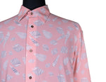 Mens Silky Shirt Button Up Pink Sea Shells Long Sleeve Collared Dress Casual Summer Nautical Tropical Hawaiian Beach Handmade Large