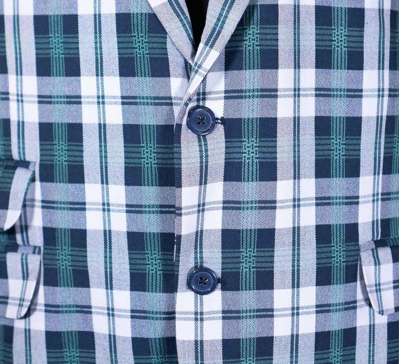 Mens Blazer Green Blue White Plaid Check Wool Dress Formal Suit Jacket Wedding Sport Coat