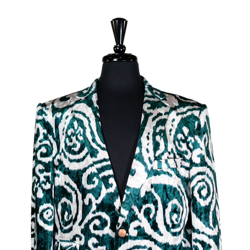 Mens Blazer Green White Abstract Velvet Dress Formal 2 Button Jacket Wedding Sport Coat 42R