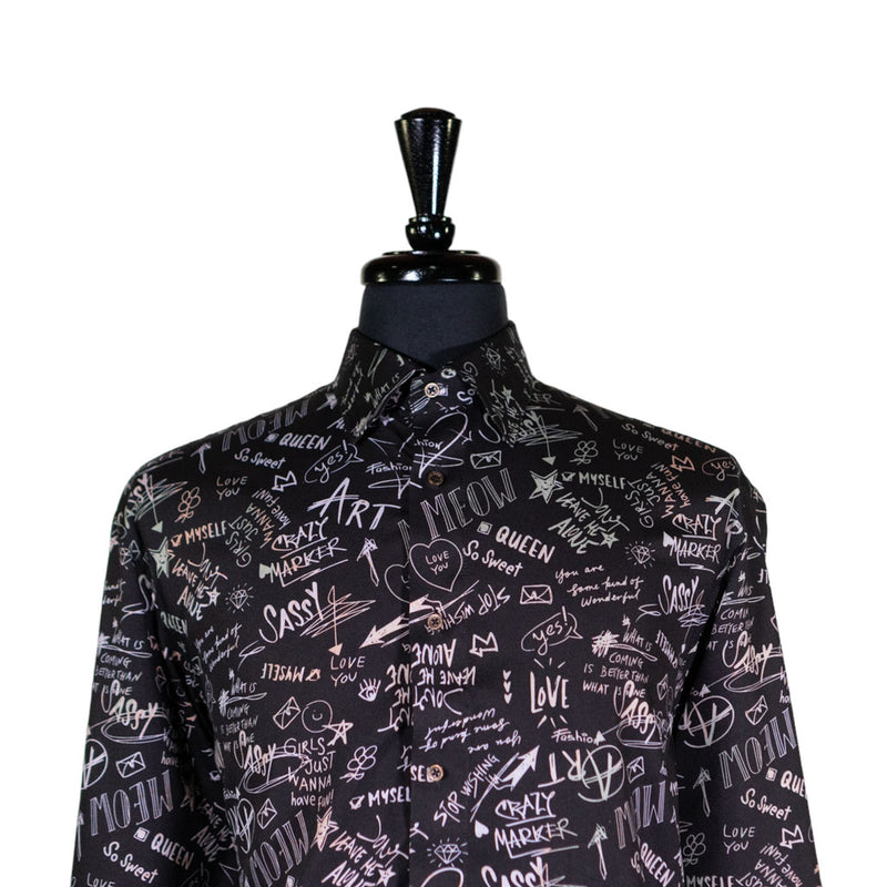 Mens Silky Shirt Button Up Black Words Abstract Long Sleeve Collared Dress Casual Grunge Gothic Retro Punk Rock Handmade Luxury Large