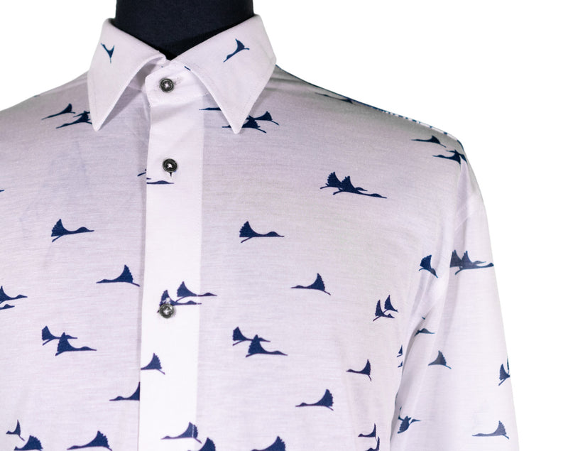 Mens Silky Shirt Button Up White Blue Birds Animal Print Long Sleeve Collared Dress Casual Summer Tropical Hawaiian Beach Handmade Large