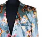 Mens Blazer Multicolor Photo Frames Floral Velvet Dress Formal Jacket Wedding Sport Coat 42R