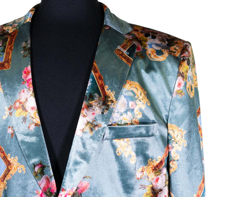 Mens Blazer Multicolor Photo Frames Floral Velvet Dress Formal Jacket Wedding Sport Coat 42R