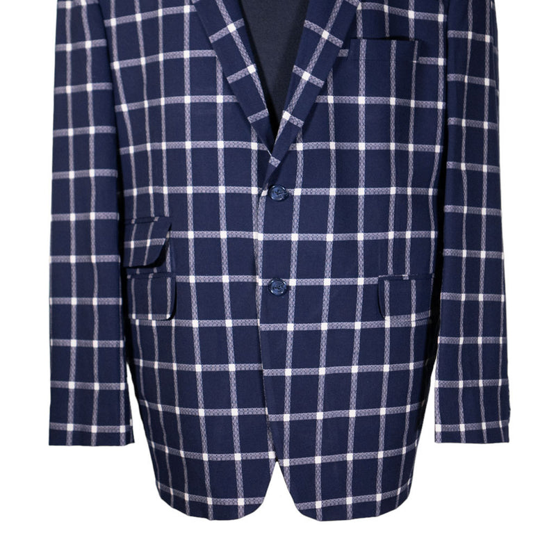 Mens Blazer Blue White Check Plaid Wool Handmade Dress Formal Suit Jacket Wedding Sport Coat 48R