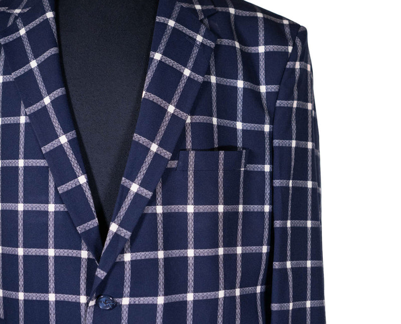 Mens Blazer Blue White Check Plaid Wool Handmade Dress Formal Suit Jacket Wedding Sport Coat 48R
