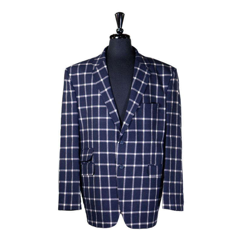 Mens Blazer Blue White Check Plaid Wool Handmade Dress Formal Suit Jacket Wedding Sport Coat 48R