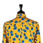 Mens Silky Shirt Button Up Yellow Blue Floral Long Sleeve Collared Dress Casual Summer Tropical Hawaiian Beach Handmade Designer Large