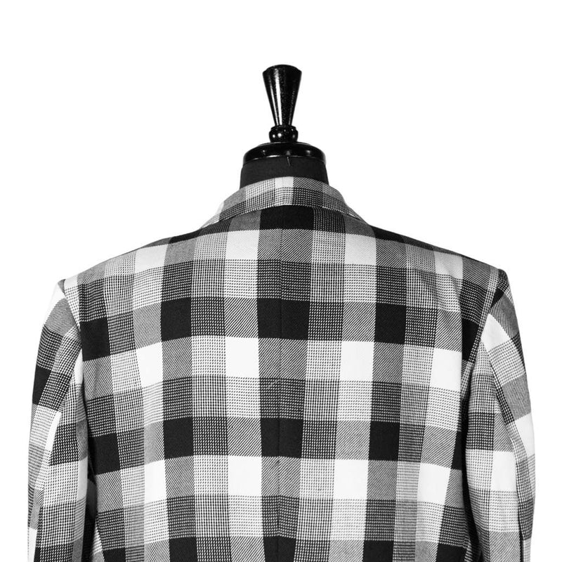 Mens Blazer Black White Plaid Check Wool Velvet Dress Formal Tuxedo Suit Jacket Wedding Sport Coat 46R