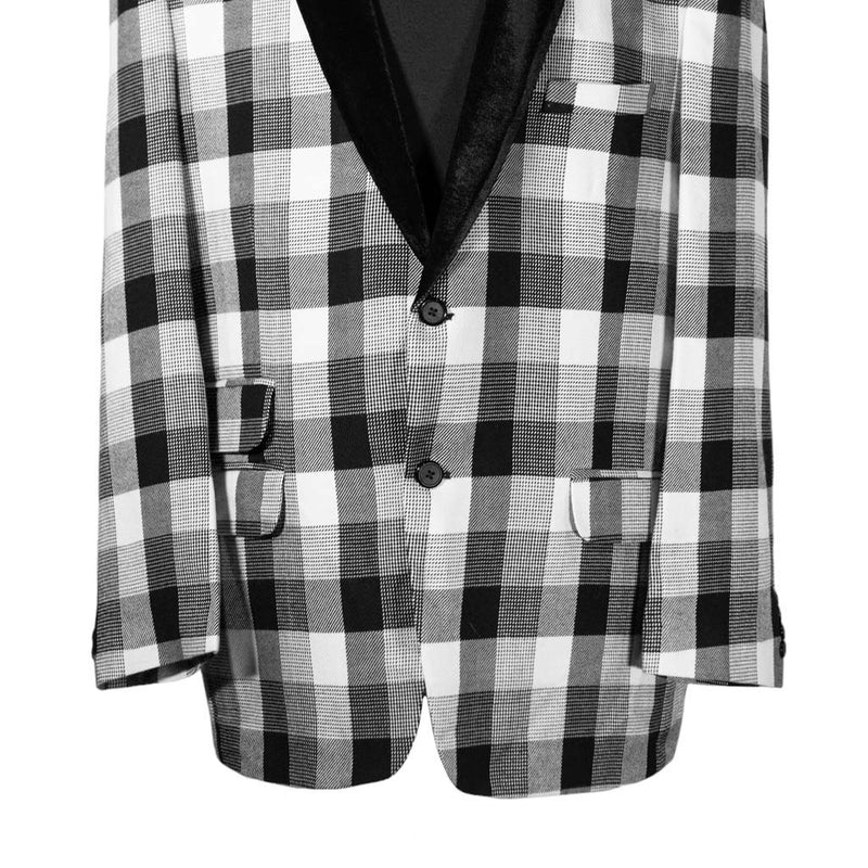 Mens Blazer Black White Plaid Check Wool Velvet Dress Formal Tuxedo Suit Jacket Wedding Sport Coat 46R