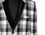 Mens Blazer Black White Plaid Check Wool Velvet Dress Formal Tuxedo Suit Jacket Wedding Sport Coat 46R