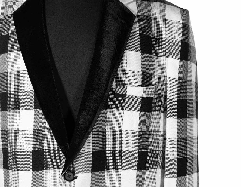 Mens Blazer Black White Plaid Check Wool Velvet Dress Formal Tuxedo Suit Jacket Wedding Sport Coat 46R