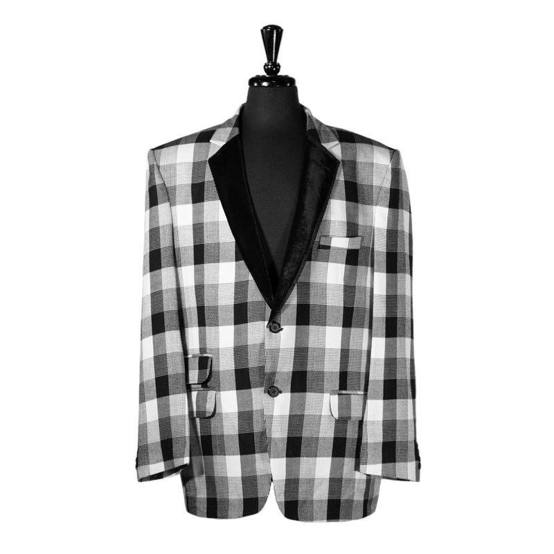 Mens Blazer Black White Plaid Check Wool Velvet Dress Formal Tuxedo Suit Jacket Wedding Sport Coat 46R
