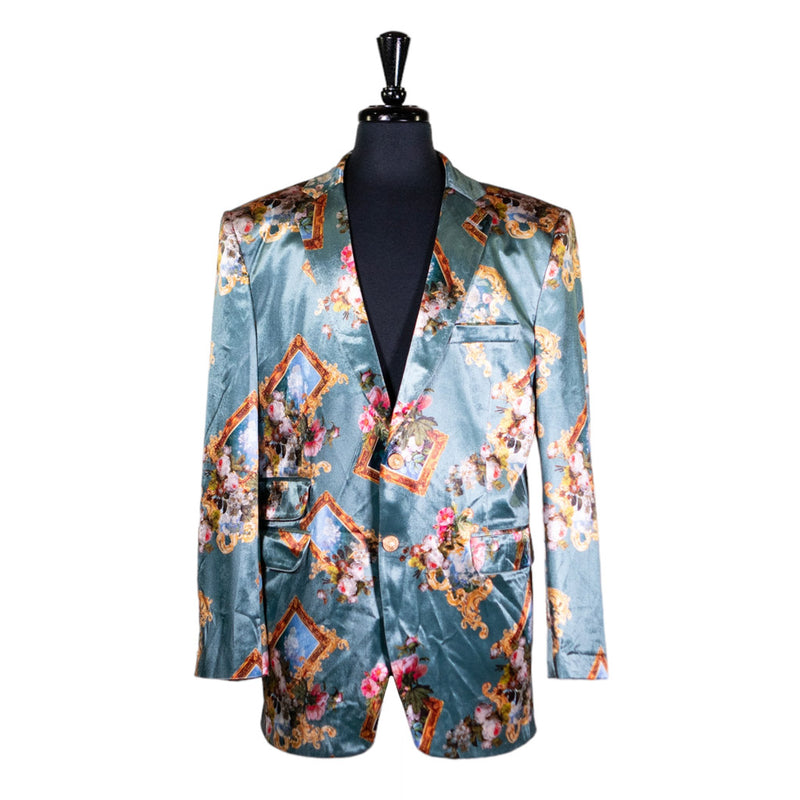 Mens Blazer Multicolor Photo Frames Floral Velvet Dress Formal Jacket Wedding Sport Coat 42R