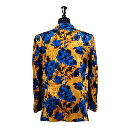 Mens Blazer Yellow Blue Floral Velvet Dress Formal 2 Button Jacket Wedding Sport Coat 42R