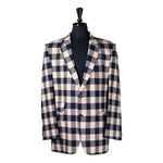 Mens Blazer Navy Blue Beige Plaid Check Cotton Dress Formal Suit Jacket Wedding Sport Coat 44R
