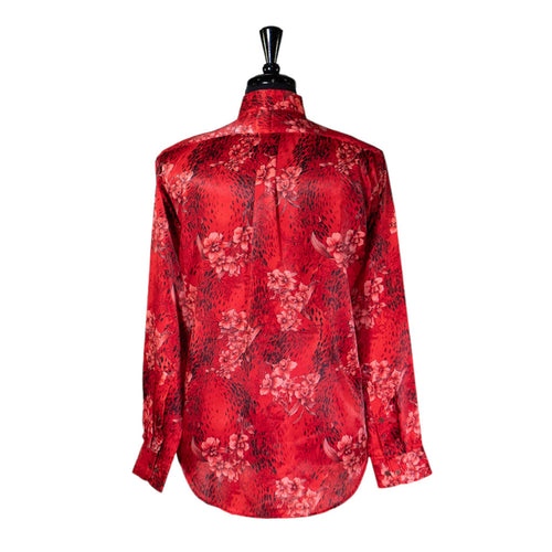Mens Silk Shirt Button Up Red Floral Long Sleeve Collared Dress Casual Summer Tropical Hawaiian Beach Handmade Medium