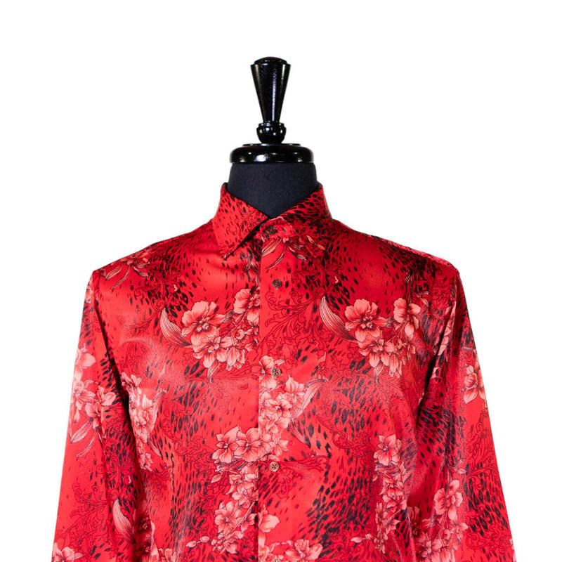 Mens Silk Shirt Button Up Red Floral Long Sleeve Collared Dress Casual Summer Tropical Hawaiian Beach Handmade Medium