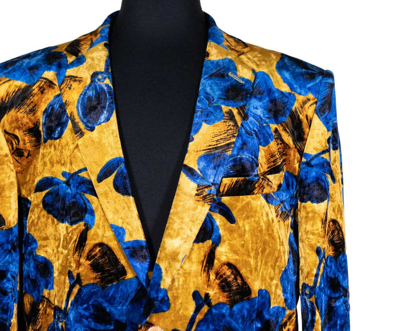 Mens Blazer Yellow Blue Floral Velvet Dress Formal 2 Button Jacket Wedding Sport Coat 42R